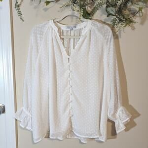 Story On White Boho Flowy Swiss Dot Button Peasant Blouse Size Medium